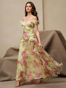 Anewsta Váy họa tiết hoa dự tiệc thanh lịch cho nữ mùa hè, váy hồng sang trọng cho lễ hội - Butter Yellow - Xem 1