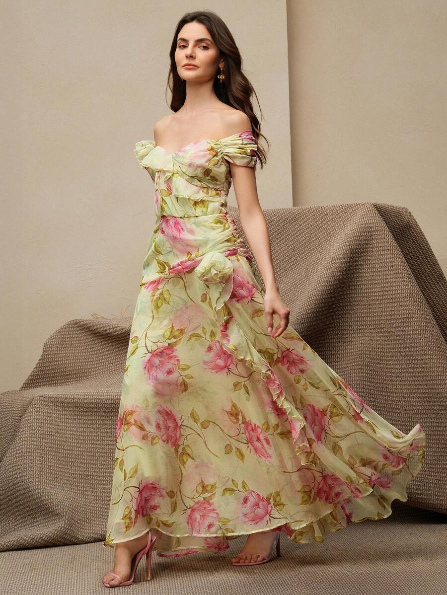 Anewsta Váy họa tiết hoa dự tiệc thanh lịch cho nữ mùa hè, váy hồng sang trọng cho lễ hội - Butter Yellow - Xem 1