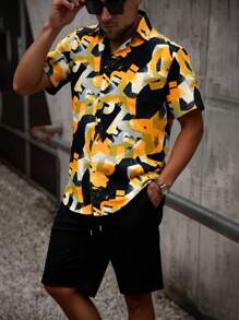 Manfinity Homme Men's Front Button Short Sleeve Printed Simple Top And Shorts Casual Set Tropical Shirt Men - Multicolor - View 1