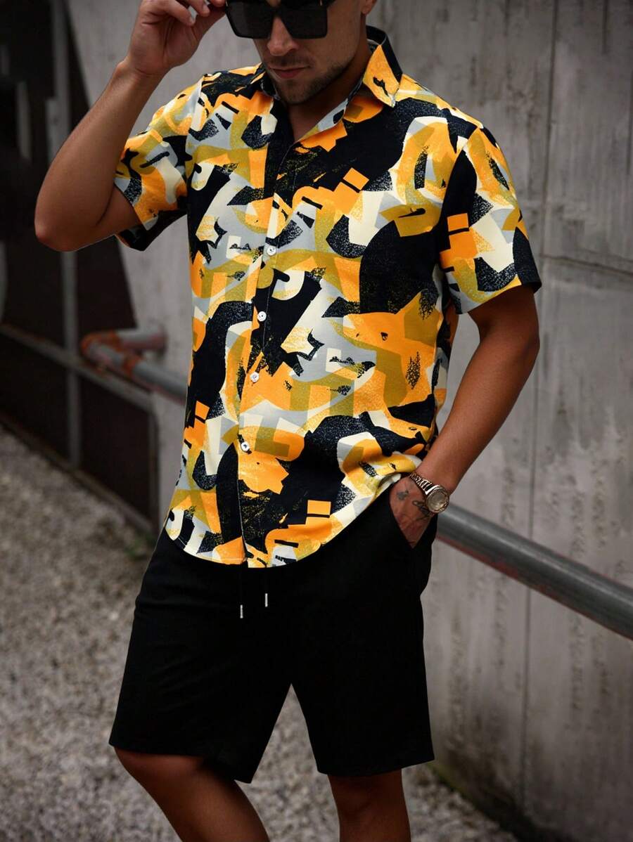 Manfinity Homme Men's Front Button Short Sleeve Printed Simple Top And Shorts Casual Set Tropical Shirt Men - Multicolor - View 1