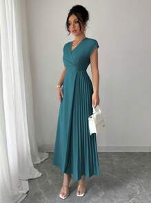 Elenzga 女士优雅精致简约 V 领系腰褶下摆长裙，落肩袖，适合工作、办公室、休闲、旅行、春夏季 - 水鴨藍 - 查看 6