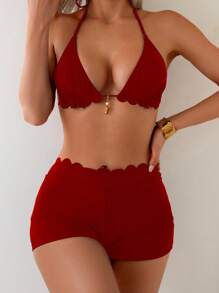 Swim Vcay 1 套女士黑色纯色尼龙面料吊带设计简约度假风格泳衣 - 紅色 - 查看 1