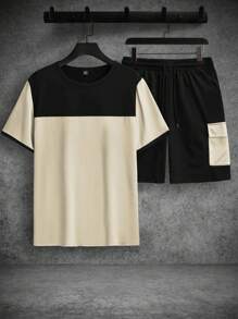 Manfinity Homme Men's Casual Contrast Color Short Sleeve T-Shirt And Shorts Set Men Color Block Sets Men Casual Top And Bottom Set