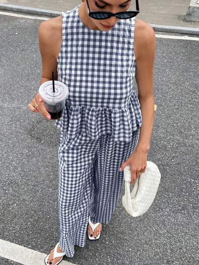 Siren Gaze Boho Chic Summer Outfits For Women 2025: Plaid Ruffle Hem Sleeveless Open Back Blouse & Wide-Leg Pants Set - Vacation, Festival, Beach Resort Casual Two Pieces Ensemble With Breathable Linen-Like Fabric Women Summer Clothing Women Summer Sets Summer Clothes Work Summer Dresses Women Clothes Gingham Set Two Pieces Set Women Plaid Two Pieces Set Casual Two Pieces Set Summer Two Pieces Set Plaid Set Gingham Two Pieces Set Check