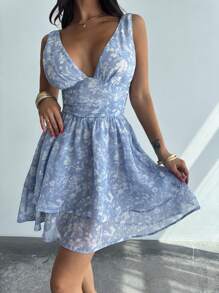 Firerie Women's Chiffon Floral Halter Back Lace-Up Sleeveless Mini Ruffled Holiday Dress, Summer Holiday Wear/Summer Outfits/Graduation Dress