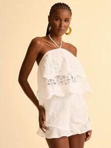 CAJUNI Camicetta estiva casual bianca da donna, a trama intrecciata ricamata, semi-trasparente, con collo alla halter e orlo a balze, adatta per spiaggia e resort
