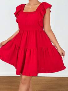Flirla Plus Size Square Neck Elastic Cap Sleeve A-Line Frill Trim Dress - Red - View 3