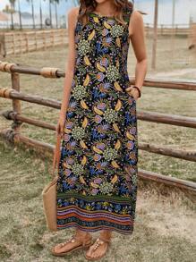 SHEIN LUNE Damen lässiges Paisley Blumen Muster Ärmelloses Kleid mit Taschen, Basic für Alltagstragen & Urlaub, Frühling/Sommer