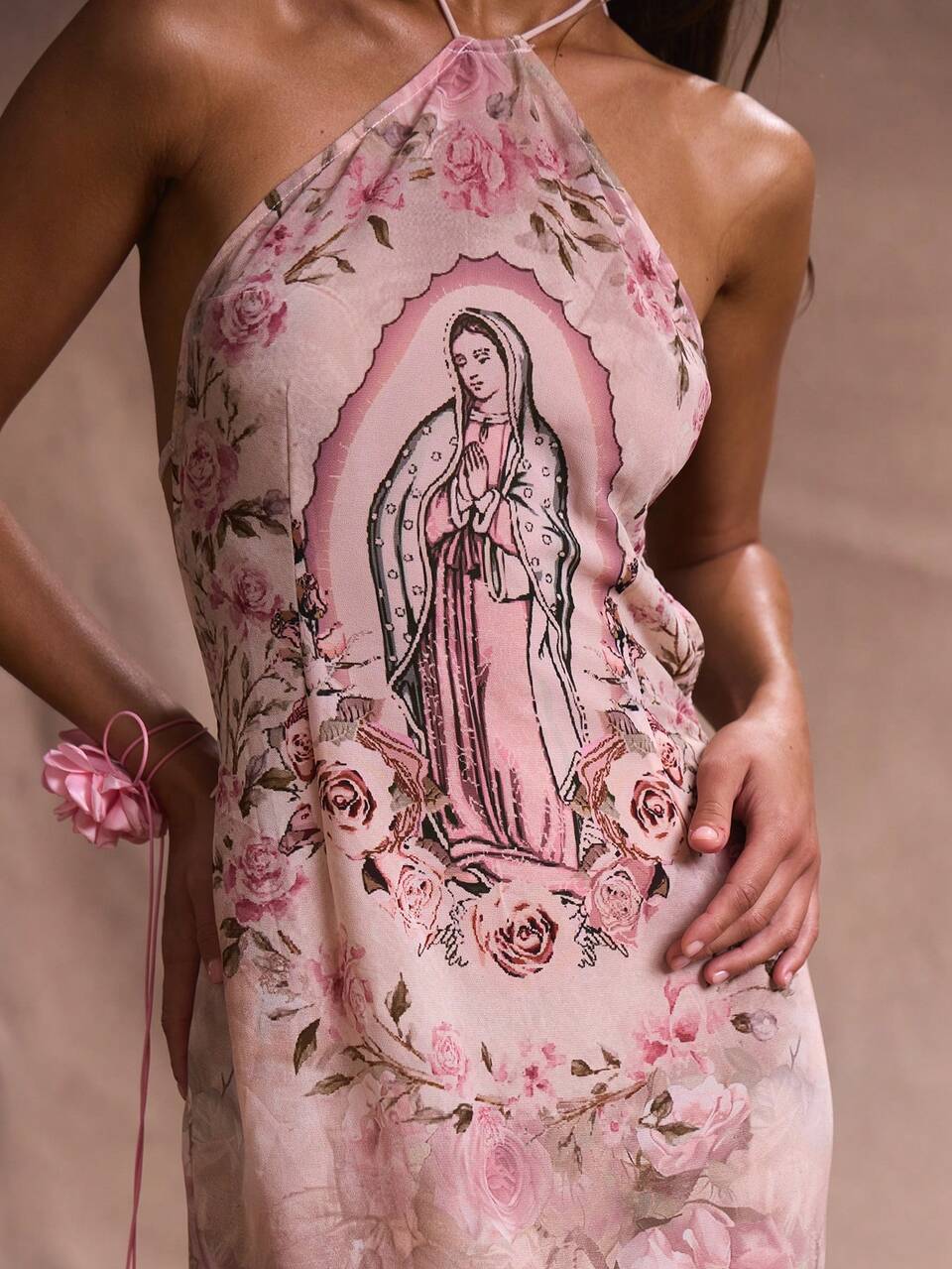 Pink Printed Mesh Halterneck Strappy Maxi