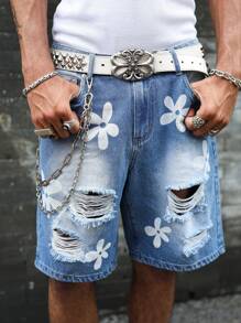 Manfinity EMRG Shorts vaqueros casuales para hombre con bolsillo rasgado y estampado floral de color contrastante