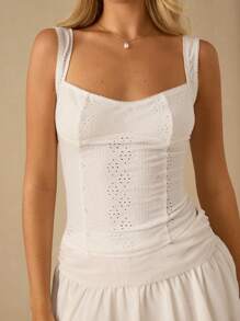 Enchnt 女士度假蜡染刺绣甜心领荷叶边修身吊带背心 - 白色 - 查看 1