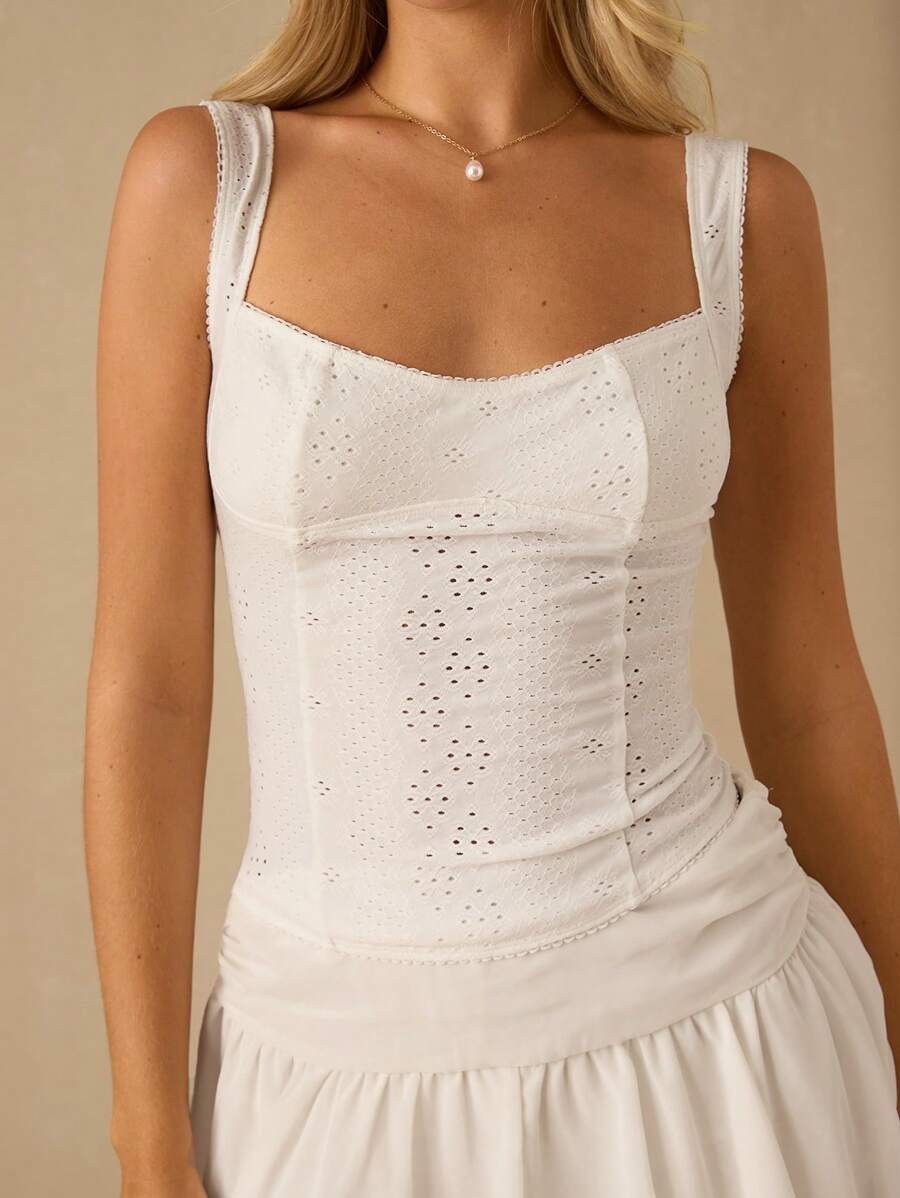 Enchnt 女士度假蜡染刺绣甜心领荷叶边修身吊带背心 - 白色 - 查看 1