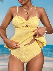 Swim Vcay Conjunto de Maiô Tankini com Franzido Bandeau para Mulheres, Ideal para Praia de Verão - Amarelo - Visão 3