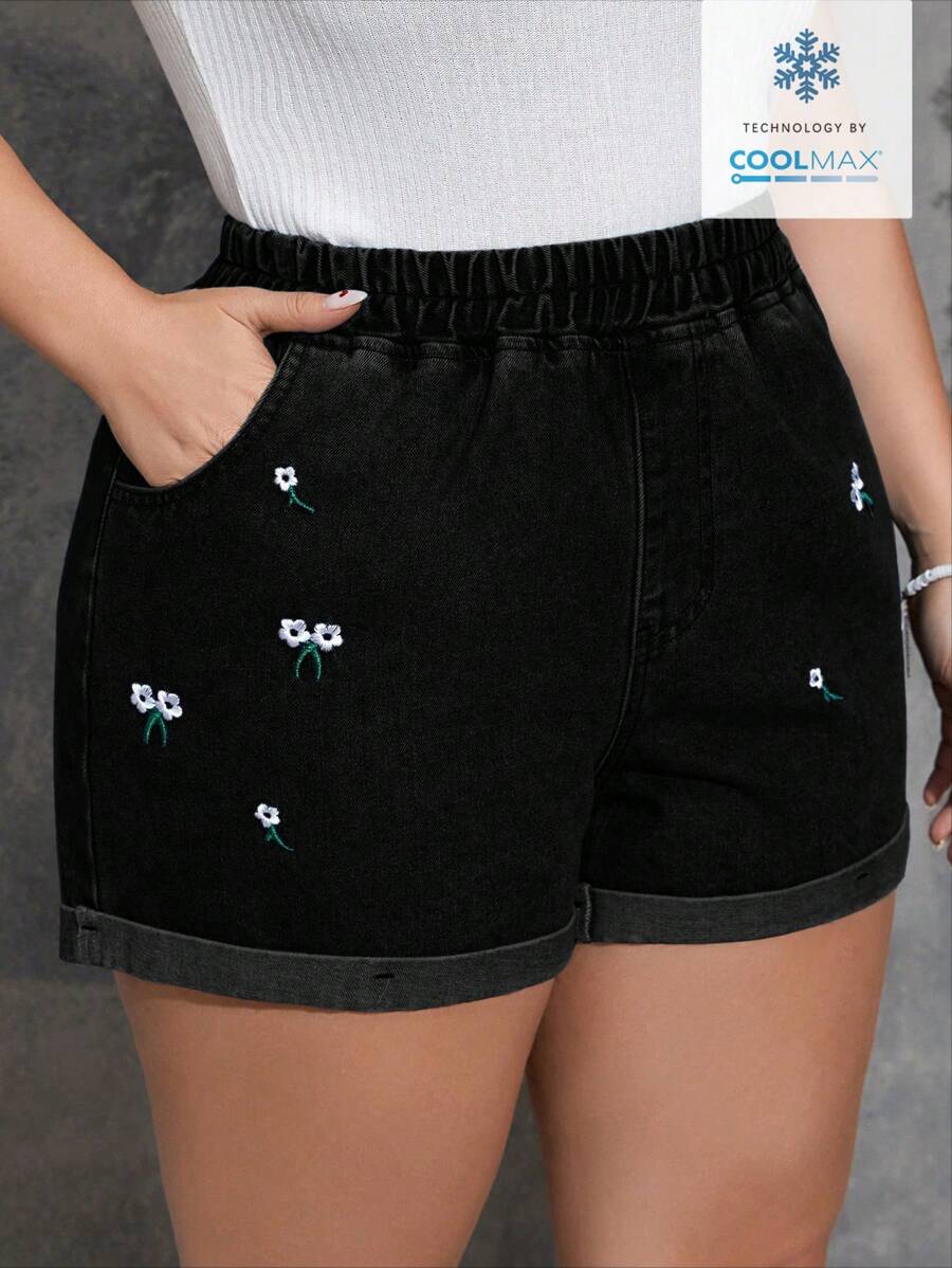 EMERY ROSE Shorts vaqueros casuales de talla grande para mujer con bajo enrollado y bordado