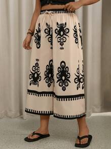 SHEIN VCAY 大码复古风格印花休闲裤 女士海滩裤 西部风格女式七分裤 宽松裤 奶油黄 女士夏季度假 7 月 4 日乡村音乐会 波西米亚风假期 女士教师 乡村女士沙滩服 俱乐部欧洲夏季波西米亚裤 阔腿夏季裤 长款夏季裤 女士阔腿裤 印花阔腿裤 - 彩色 - 查看 1