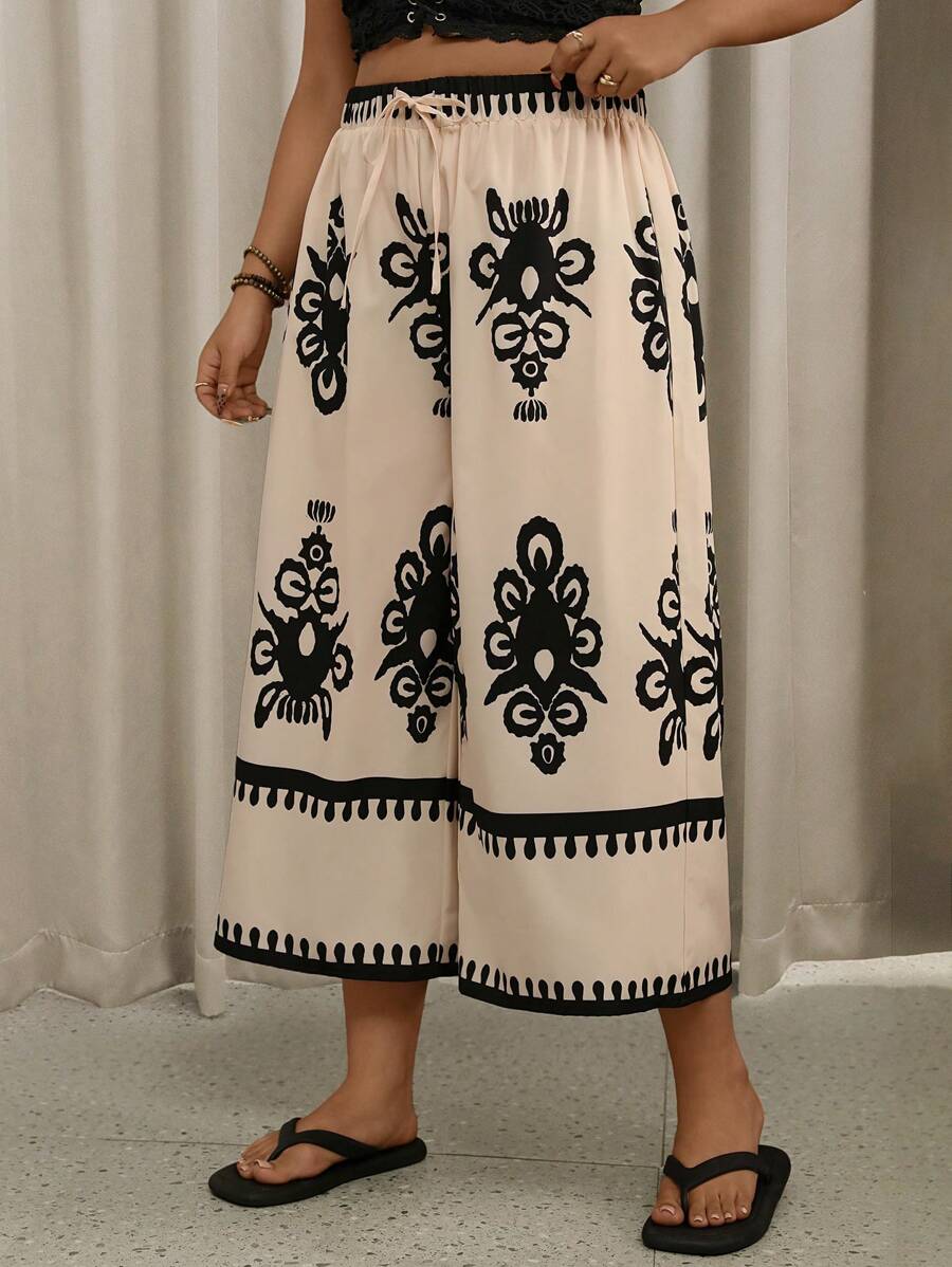 SHEIN VCAY 大码复古风格印花休闲裤 女士海滩裤 西部风格女式七分裤 宽松裤 奶油黄 女士夏季度假 7 月 4 日乡村音乐会 波西米亚风假期 女士教师 乡村女士沙滩服 俱乐部欧洲夏季波西米亚裤 阔腿夏季裤 长款夏季裤 女士阔腿裤 印花阔腿裤 - 彩色 - 查看 1