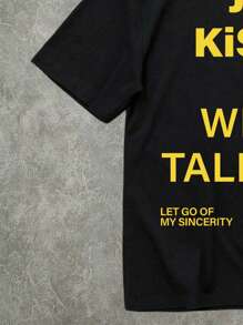 Manfinity ZONE917 街头休闲黄色标语印花黑色棉质针织图案T恤（宽袖、领口、下摆） - 黑色 - 查看 3