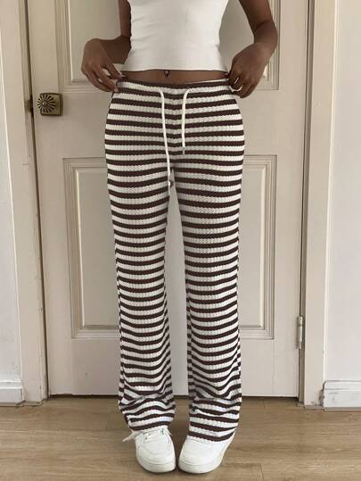 SHEIN EZwear 黑白条纹休闲喇叭裤，夏季