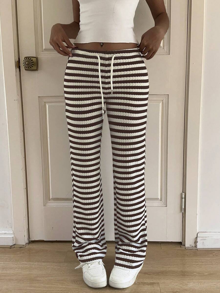 SHEIN EZwear 黑白条纹休闲喇叭裤，夏季 - 棕色 - 查看 1