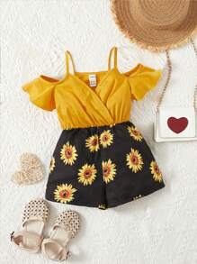 SHEIN Young Girl Solid Color Open Shoulder Patchwork Sunflower Print Romper