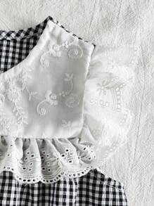 SHEIN Vintaside Kids 少女甜美格纹荷叶边领无袖公主裙，夏季 - 黑與白 - 查看 6