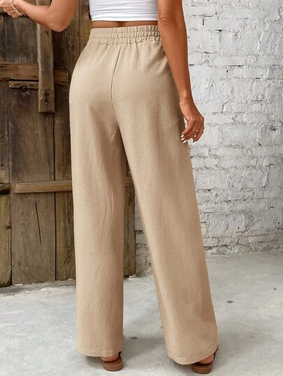 SHEIN PETITE CURVE Plus Size Women Solid Color Straight Full Elastic Waist Drawstring Casual Pants Valentine's Day
