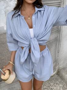 DAZY 女士日常穿着两件套亚麻家居服套装 - 藍色 - 查看 6