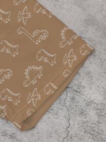 SHEIN Playful Pals 1 Set Toddler Boys' Cartoon Dinosaur Print T-Shirt And Matching Brown Shorts, Cute Outfits For Everyday Wear, Suitable For Spring And Summer