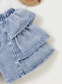 Young Girls' Casual Patchwork Denim Shorts, Comfortable Fashionable Summer Holiday Vacation Daily Wear Girls Ruffle Denim Shorts - Light Wash - View 4