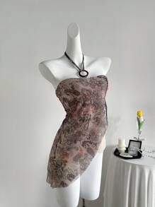 Sweetra Top de tirantes con cuello halter de mujer con estampado floral aleatorio y patchwork - Multicolor - Ver 1