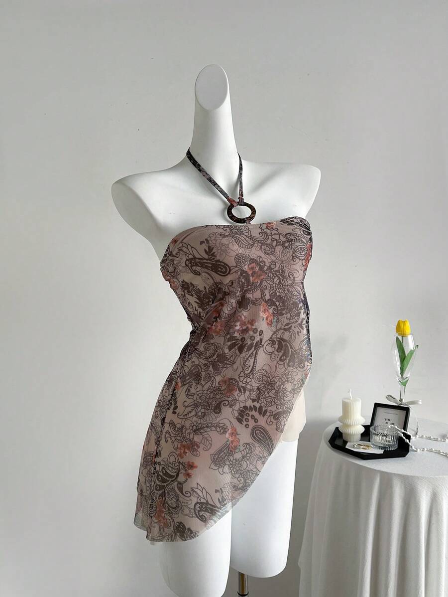 Sweetra Top de tirantes con cuello halter de mujer con estampado floral aleatorio y patchwork - Multicolor - Ver 1