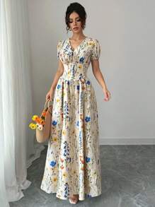 Elenzga Elegant Women's Summer Elegant Elastic Waist Puffed Sleeve Women's Long Dress,Maxi Dress. For Spring/Summer,Concert Women's Clothing,Elegant Suitable For Daily Commute, Music Festival, Holiday Wear