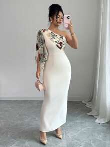 Rafferiza Sexy asymmetrisches Hals Spitze Patchwork Mesh figurbetontes Kleid mit Taillenziehung und Schlitz - Aprikosenfarben - Übersicht 3