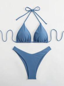 Swim Basics Bikini de dos piezas para mujer de unicolor de verano con escote halter y lazo delantero, sexy