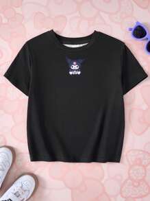 HELLO KITTY AND FRIENDS | SHEIN 少女卡通图案可爱黑色休闲短袖T恤夏季 - 黑色 - 查看 5