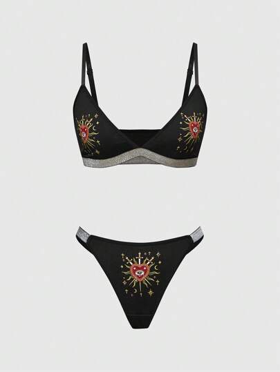 Goth Vintage Gothic Mori Girl Crystal Teardrop Embroidered Eyeshadow Bra Set With Rhinestones, Silver Ribbon, Wireless Bra And Panty
