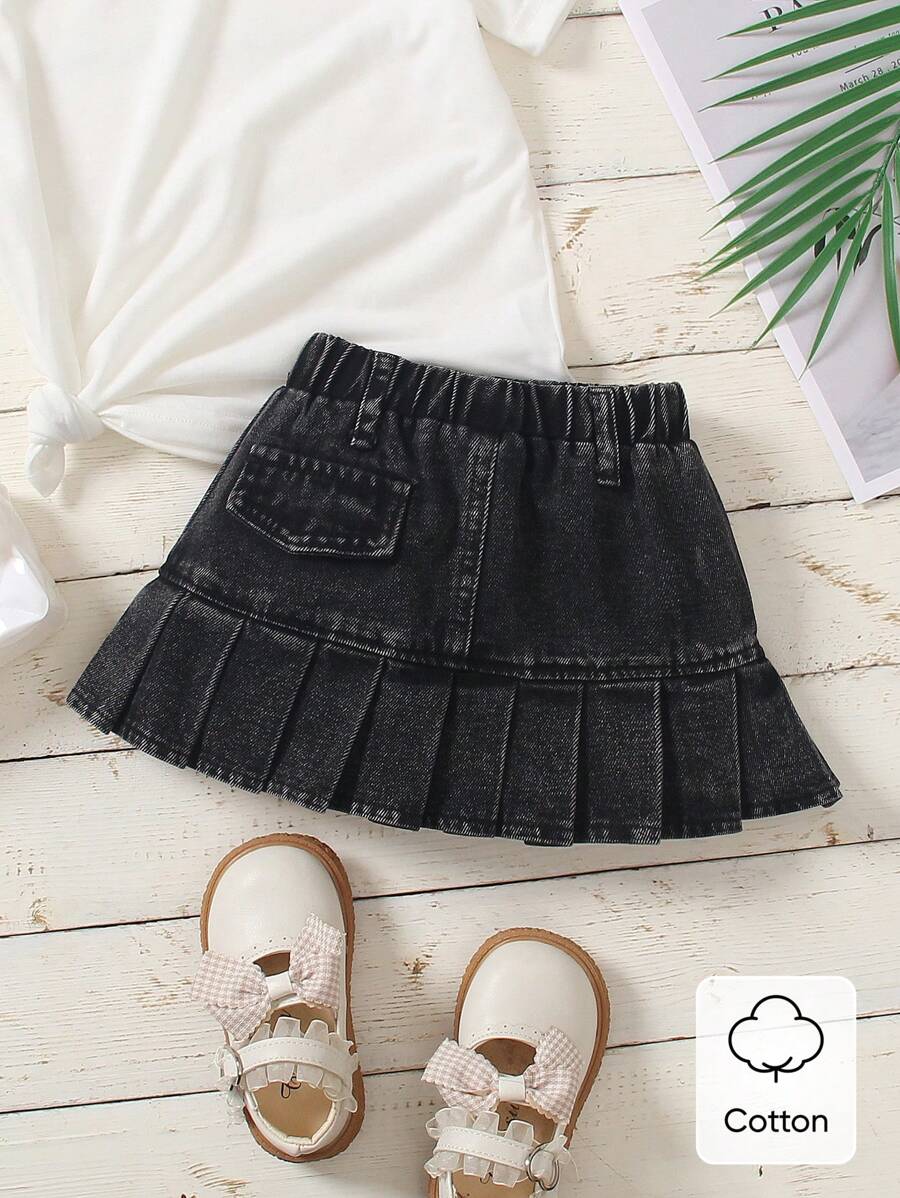 Baby Girl 1pc Black Denim Skirt With Pleats For Summer - Black - View 1