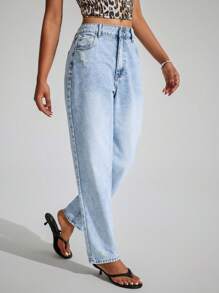SHEIN EZwear Quần Jeans Ống Thẳng Túi Rách Đơn Giản Đa Năng Thường Ngày - Màu xanh lam - Xem 6