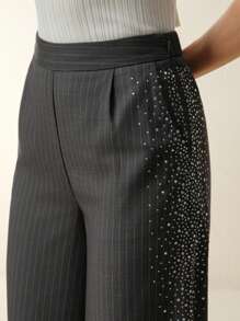 Anewsta Women's New Style Wide-Leg Grey Rhinestone Embellished Pants, Straight Cut - Grey - View 1