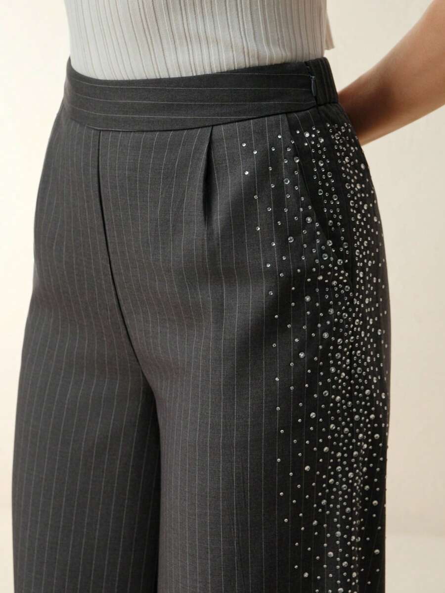 Anewsta Women's New Style Wide-Leg Grey Rhinestone Embellished Pants, Straight Cut - Grey - View 1