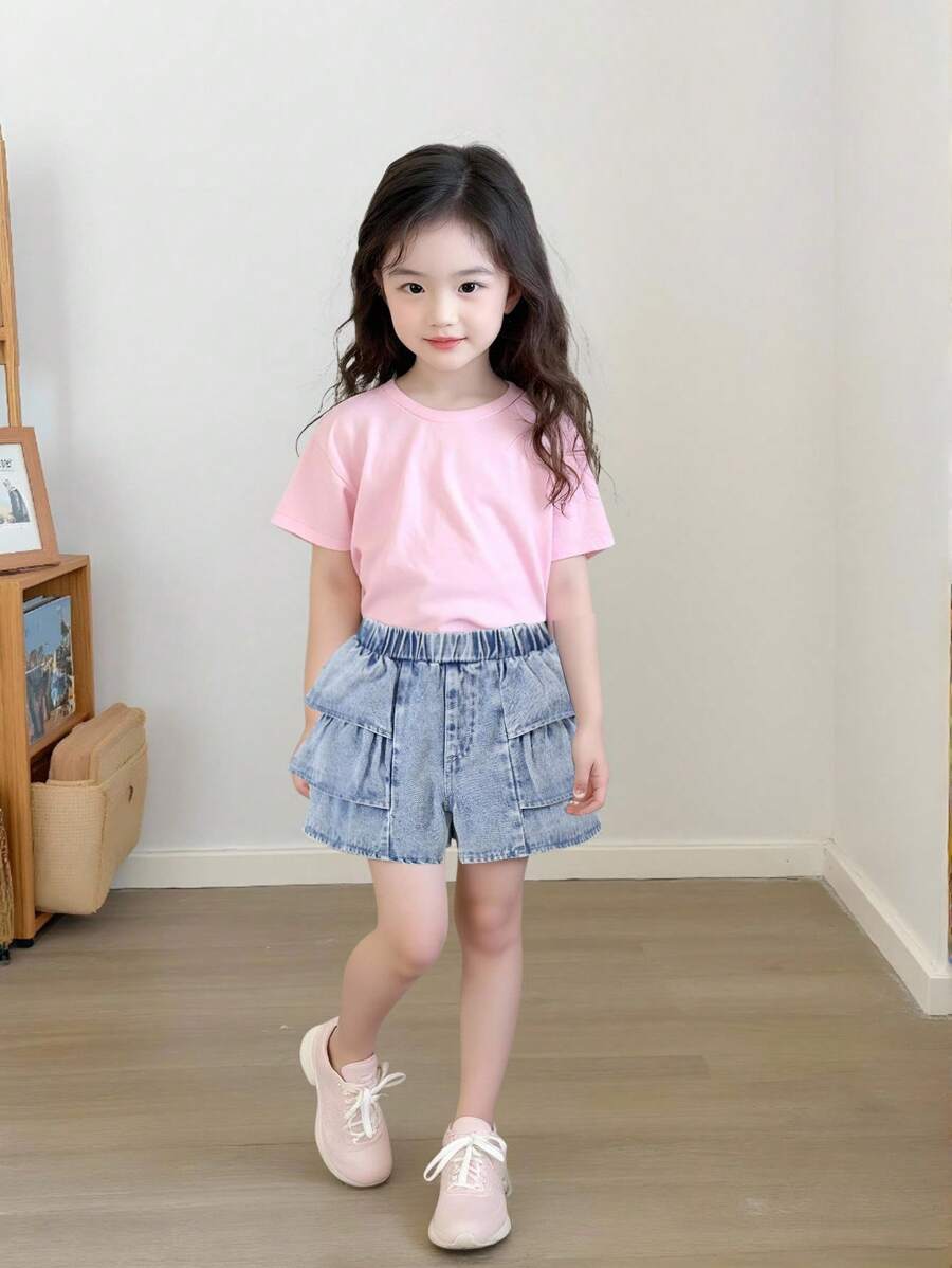 Young Girls' Casual Patchwork Denim Shorts, Comfortable Fashionable Summer Holiday Vacation Daily Wear Girls Ruffle Denim Shorts - Light Wash - View 1