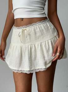 Aloruh Damen einfarbiger Kontrastspitze Schleife Verzierung Rüschen Saum kurzer Rock