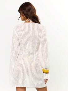 MUSERA Fustă mini cu decolteu rotund, texturată, cu nod în față, mânecă lungă, pentru plajă, vară, vacanță, festival, drăguță, casual, elegantă, toscană, soare, mireasă, burlăcițe, nuntă - Caisă - Vizualizare 4