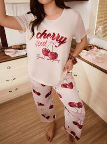 SweetSlumber Conjunto de ropa de dormir de talla grande con estampado de lazo de cereza y cuello redondo cómodo
