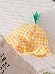 SHEIN 3件套新生女婴格子菠萝连体衣+白色T恤+菠萝叶帽套装，可爱风格适合春夏季 - 黃色 - 查看 4