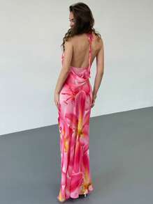 Aloruh New Chiffon Sexy Plunging Neck Lily Print Dress For Women, Great For Spring/Summer Vacations - Multicolor - View 4