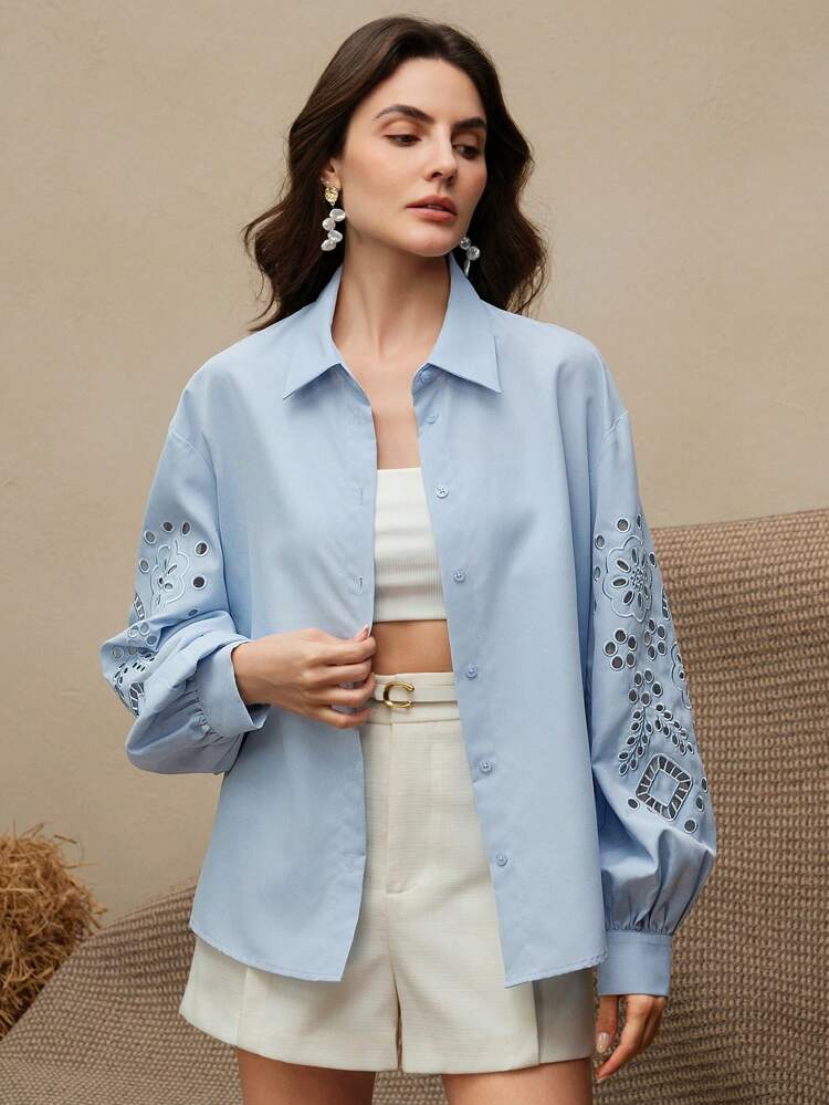 Women's Elegant Loose Drop Shoulder Blue Cutwork Embroidered Long Sleeve Blouse