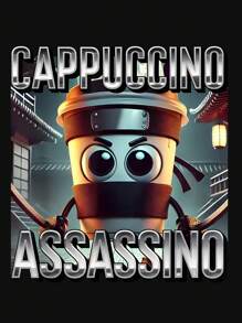 Men's Regular Fit Cappuccino Assassin Coffee Lover Brainrot Meme T-Shirt, Personalized Casual Minimalist Cartoon Graphic Print Round Neck Short Sleeve Tee, For Birthday - Black - View 3