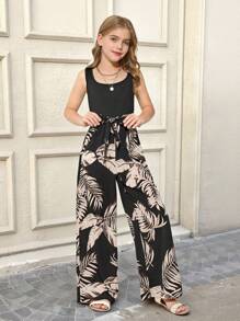 SHEIN 青少年女孩街头时尚针织和编织拼布印花连体裤 - 黑色 - 查看 1