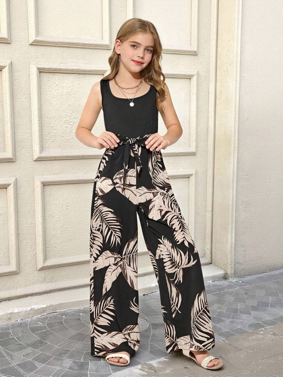 SHEIN 青少年女孩街头时尚针织和编织拼布印花连体裤 - 黑色 - 查看 1